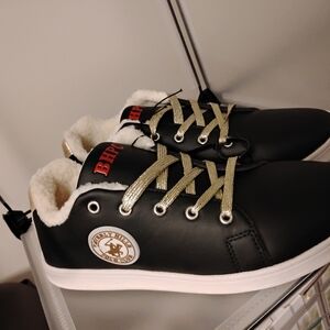 New Lace Up Women Black Sneakers with Gold Laces Size 11